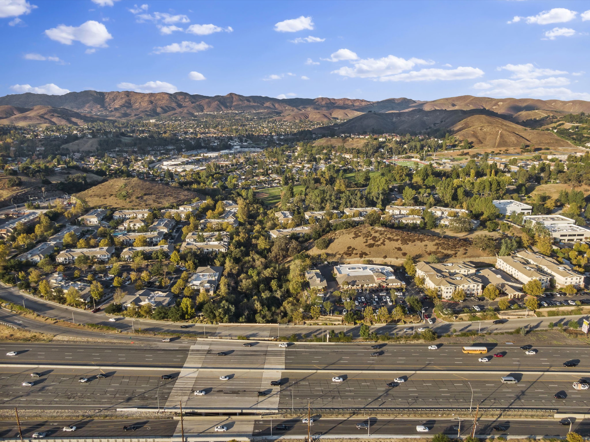 Clean aerial of The Shops at Oak Creek surrounding area along the 101 freeway